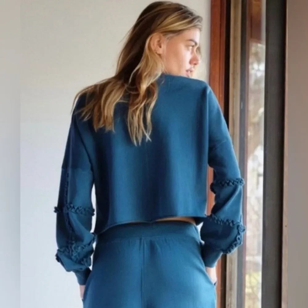 Saturday Sunday by Anthropologie Teal Corrie Crop Ruffle Sleeve Sweatshirt